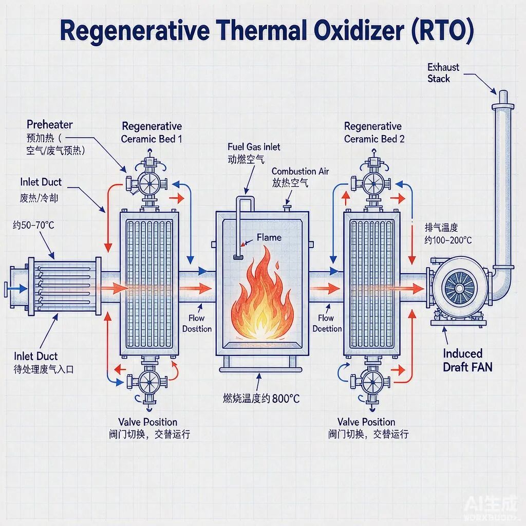 RTO 蓄热式焚烧炉原理示意