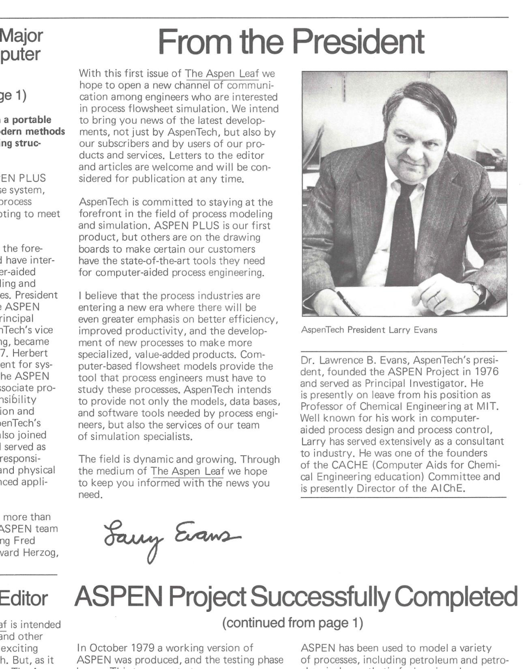 1982 年春《The Aspen Leaf》创刊号：Larry Evans 亲笔撰写总裁专栏