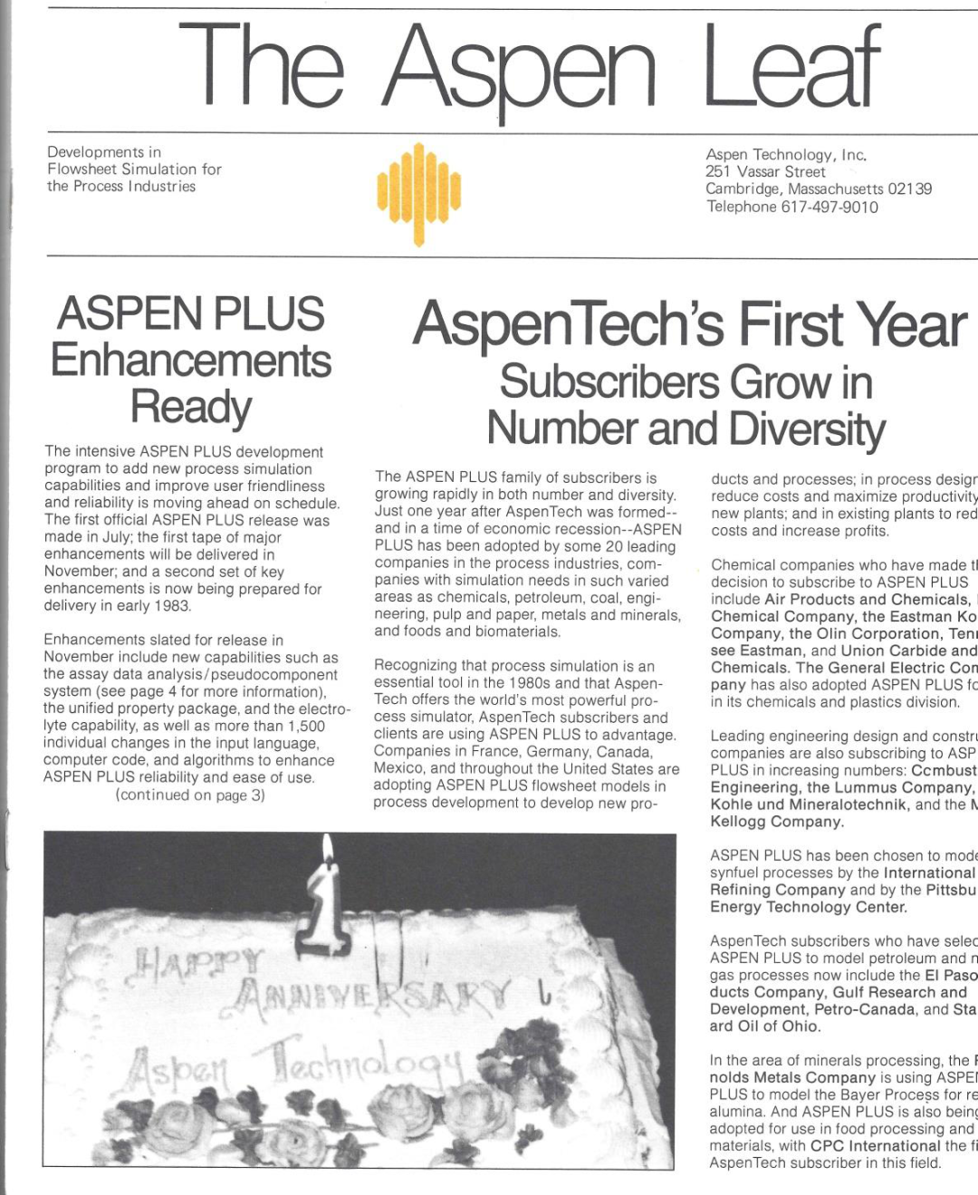 AspenTech 一周年：1982 年秋《The Aspen Leaf》头版与纪念蛋糕